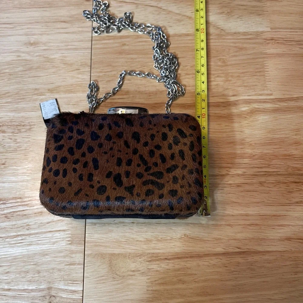 NEW Leopard Print‎ Calf Hair Box Clutch Chain Strap Brown Black Evening Bag